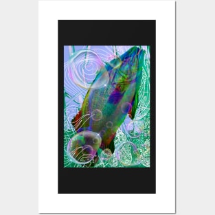 Underwater fish swimming with colorful bubbles. Posters and Art